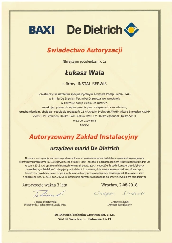 Certyfikat BAXI De Dietrich