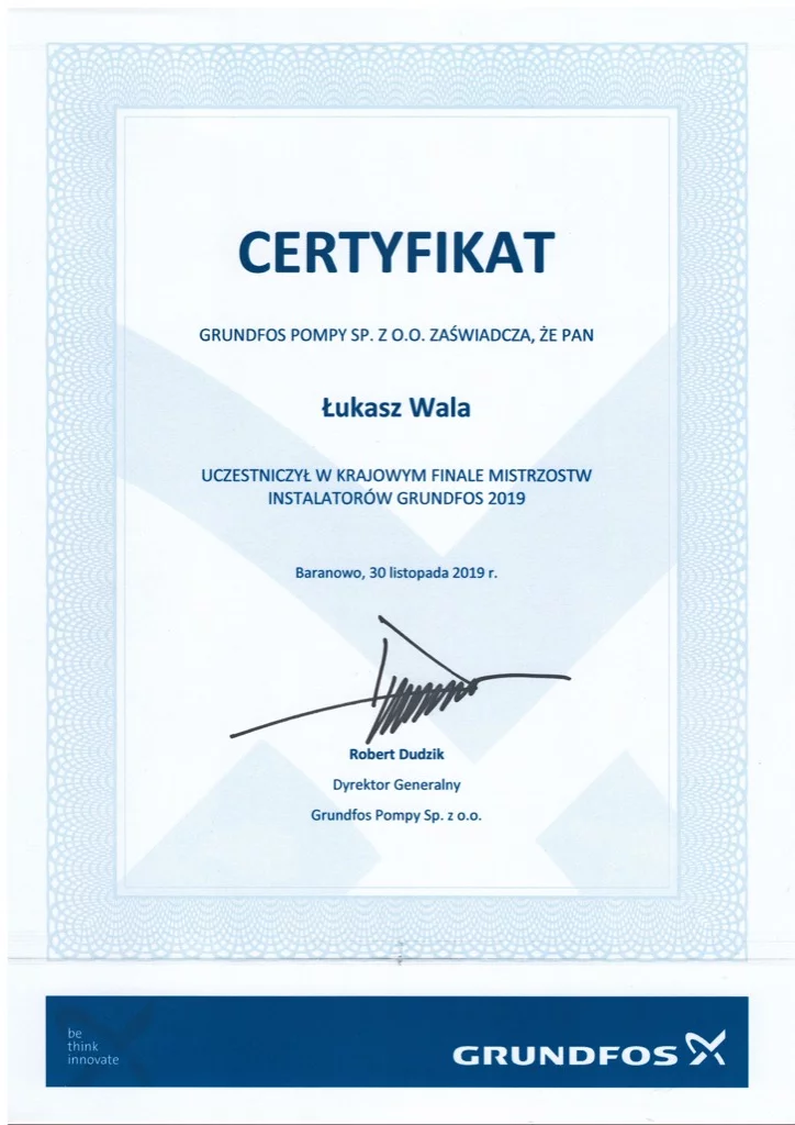 Certyfikat Grundfos Pompy