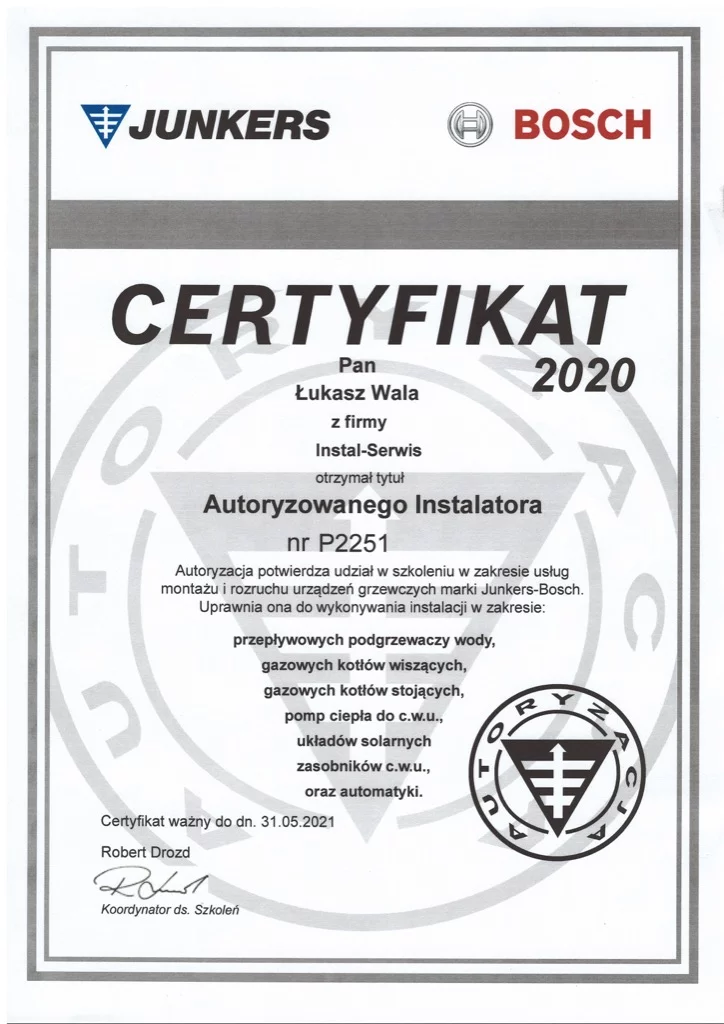Certyfikat Junkers Bosch