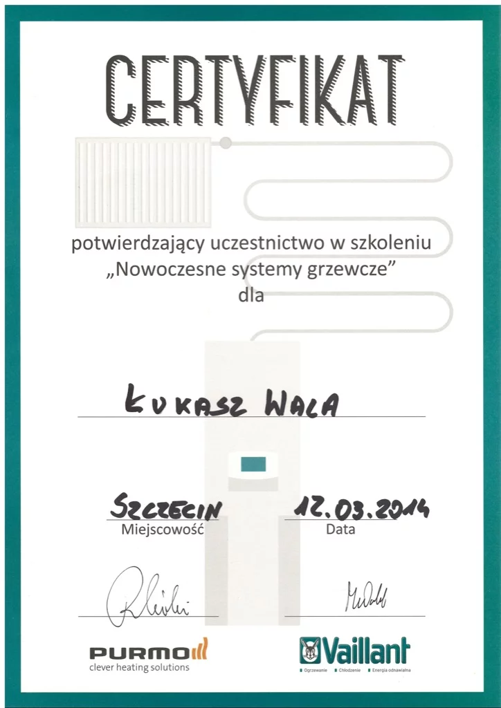Certyfikat Purmo Vaillant